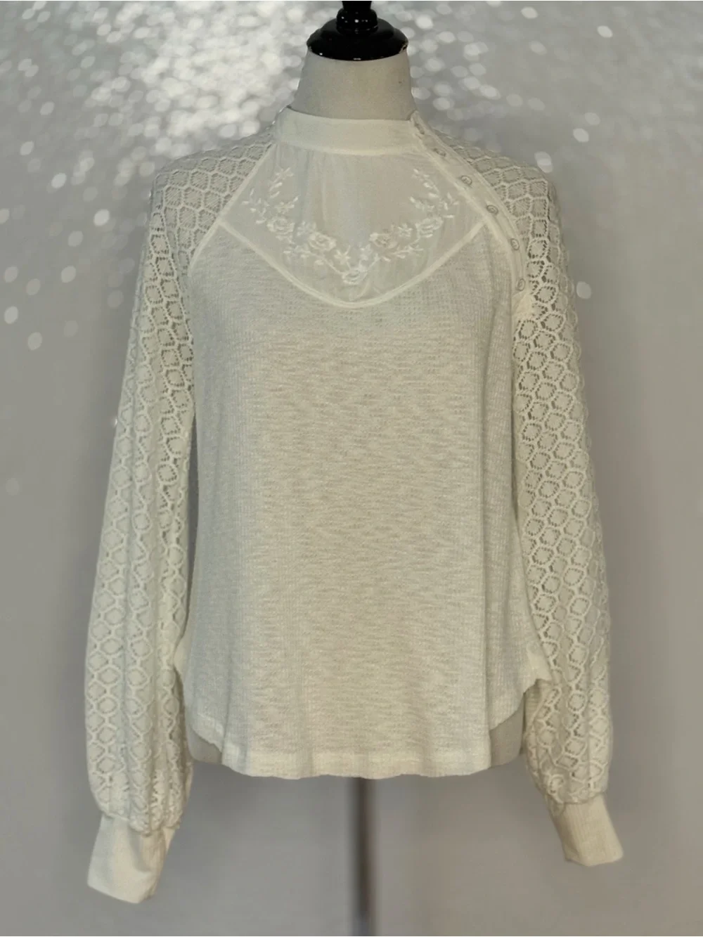 Free People Sweetest Thing Thermal Top Ivory Lace Sleeve Boho Cottagecore